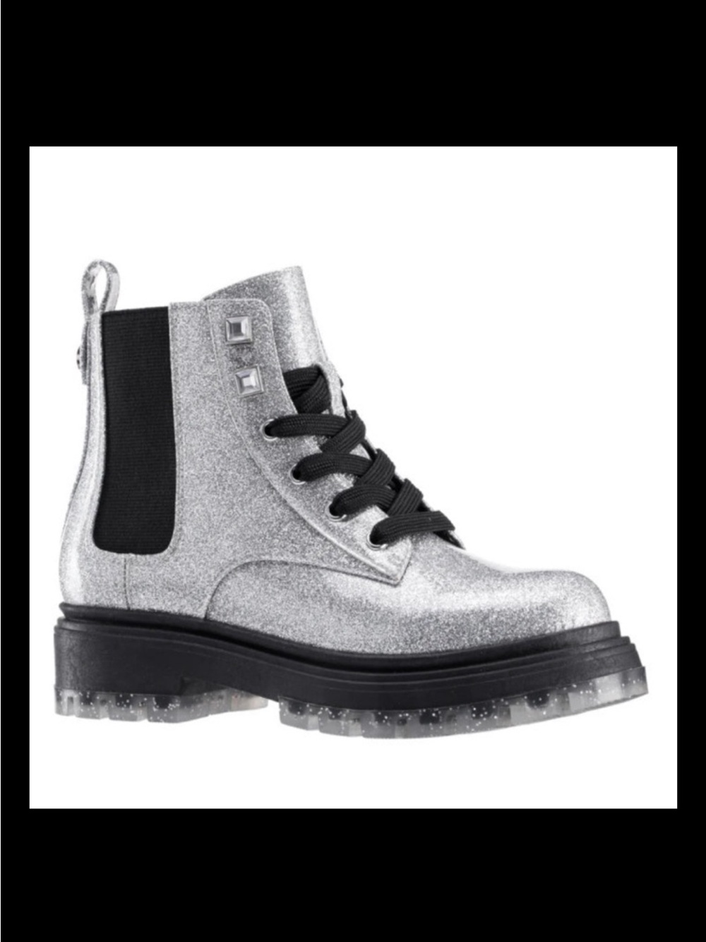 New NINA Girl’s Colette Glitter Silver Combat Boots with Black Laces size 6